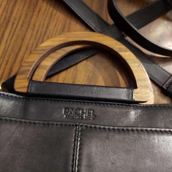 Rachel Roy Women Crossbody Bag Purse Black Leather Magnetic Snap Wood Handle - Picture 2 of 12